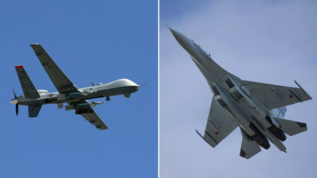 Un dron MQ-9 Reaper y un caza Su-27.